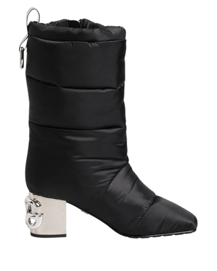 Dolce & Gabbana Black Padded Mid Calf Logo Heel Boots Shoes