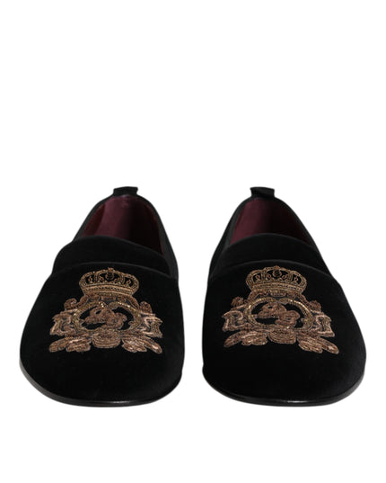 Dolce & Gabbana Black Velvet Gold Crown Mens Loafers Shoes