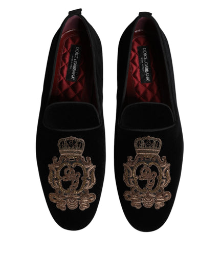 Dolce & Gabbana Black Velvet Gold Crown Mens Loafers Shoes