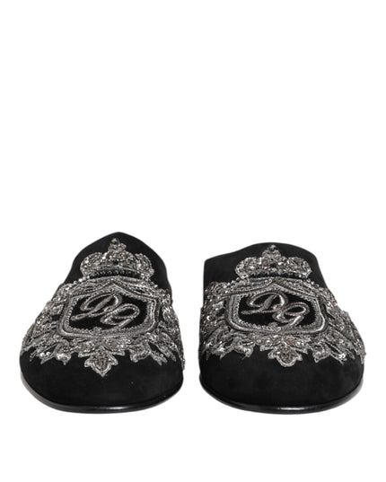 Dolce & Gabbana Black Velvet Slides DG Crown Slipper Shoes
