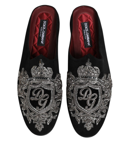 Dolce & Gabbana Black Velvet Slides DG Crown Slipper Shoes