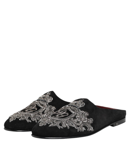 Dolce & Gabbana Black Velvet Slides DG Crown Slipper Shoes