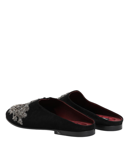Dolce & Gabbana Black Velvet Slides DG Crown Slipper Shoes