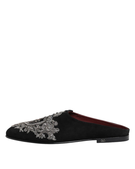 Dolce & Gabbana Black Velvet Slides DG Crown Slipper Shoes