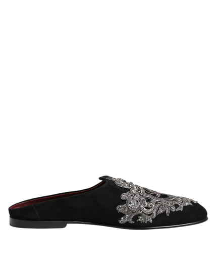 Dolce & Gabbana Black Velvet Slides DG Crown Slipper Shoes