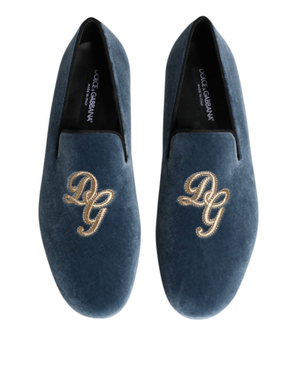 Dolce & Gabbana Blue Velvet DG Logo Loafers Formal Shoes