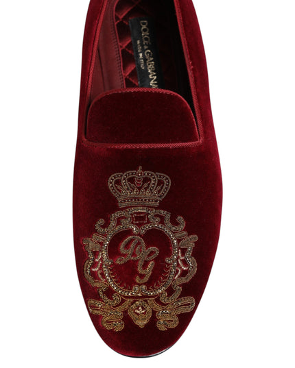 Dolce & Gabbana Red Velvet Gold Crown Mens Loafers Shoes