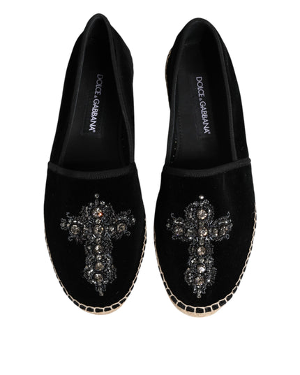 Dolce & Gabbana Black Cross Crystal Slip On Espadrille Shoes