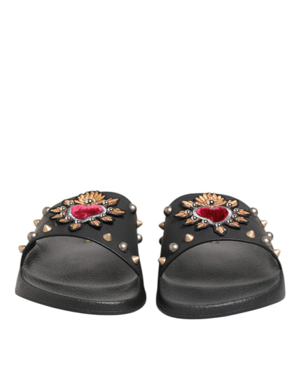 Dolce & Gabbana Black Rubber Sacred Heart Slides Men Beachwear Shoes
