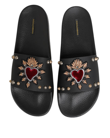 Dolce & Gabbana Black Rubber Sacred Heart Slides Men Beachwear Shoes