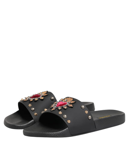 Dolce & Gabbana Black Rubber Sacred Heart Slides Men Beachwear Shoes