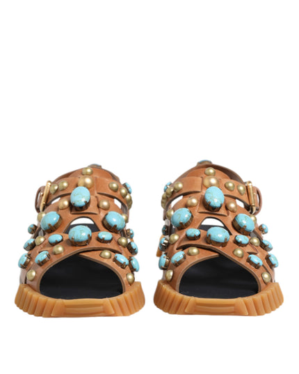 Dolce & Gabbana Brown Leather Studded Slides Sandals Shoes