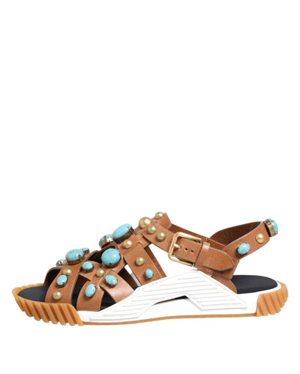 Dolce & Gabbana Brown Leather Studded Slides Sandals Shoes