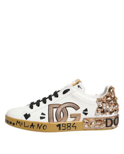 Dolce & Gabbana White Gold Crystal Portofino Sneakers Shoes