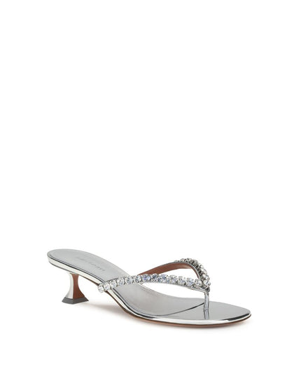 Amina Muaddi Silver Calf Leather Bos Taurus Stiletto Heel Sandals