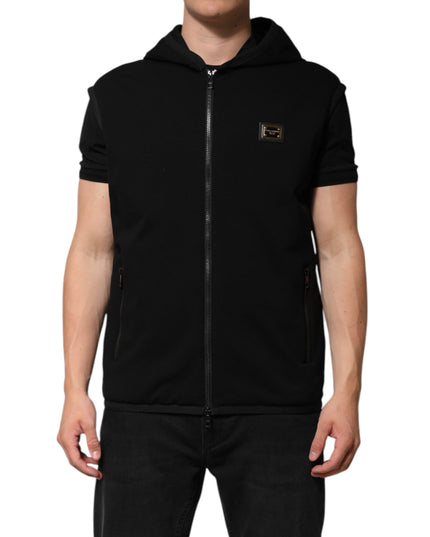 Dolce & Gabbana Black Sleeveless Hooded Logo Plaque Jacket