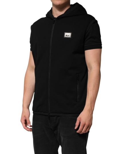 Dolce & Gabbana Black Sleeveless Hooded Logo Plaque Jacket