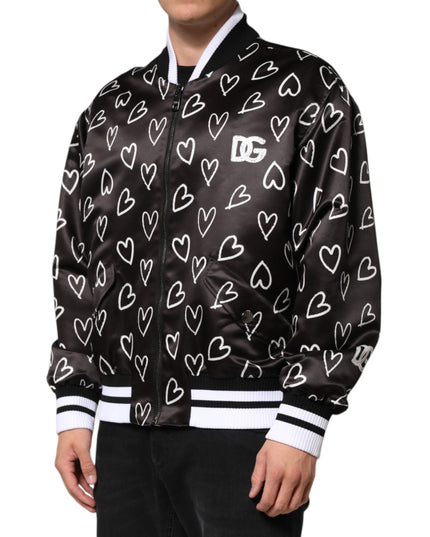 Dolce & Gabbana Black Polyester Heart Print Bomber Jacket