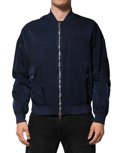 Dolce & Gabbana Blue Nylon DG Embroidery Men Bomber Jacket