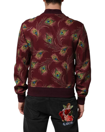 Dolce & Gabbana Maroon Peacock Feather Print Bomber Jacket