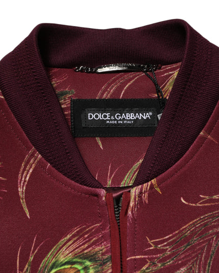 Dolce & Gabbana Maroon Peacock Feather Print Bomber Jacket