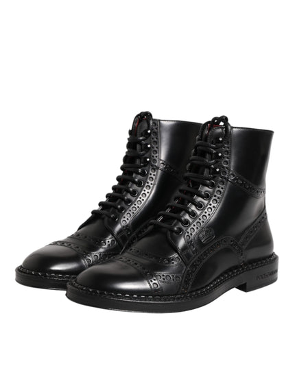 Dolce & Gabbana Black Leather Lace Up Mid Calf Boots Shoes