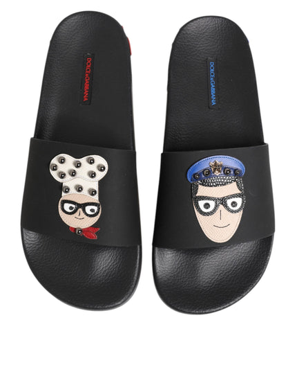 Dolce & Gabbana Black Leather Slides Flats Beachwear Shoes