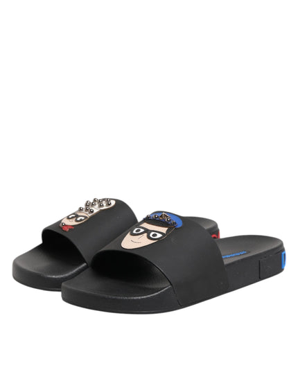 Dolce & Gabbana Black Leather Slides Flats Beachwear Shoes