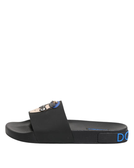 Dolce & Gabbana Black Leather Slides Flats Beachwear Shoes