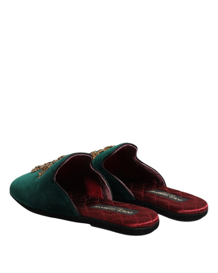 Dolce & Gabbana Green Velvet Cross Embellished Slippers Shoes