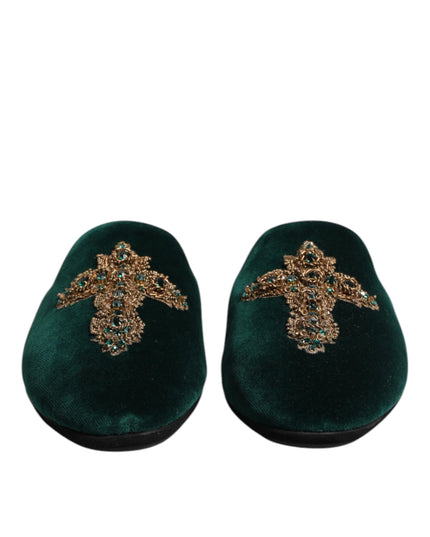Dolce & Gabbana Green Velvet Cross Embellished Slippers Shoes