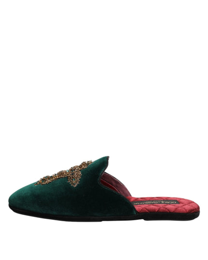 Dolce & Gabbana Green Velvet Cross Embellished Slippers Shoes
