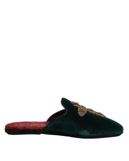 Dolce & Gabbana Green Velvet Cross Embellished Slippers Shoes