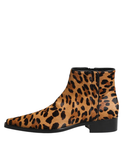 Dolce & Gabbana Brown Leopard Calf Fur Ankle Boots Shoes