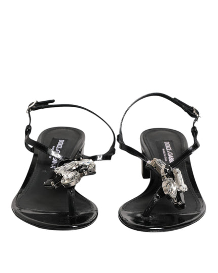 Dolce & Gabbana Black Leather Crystal Ankle Strap Sandals Shoes