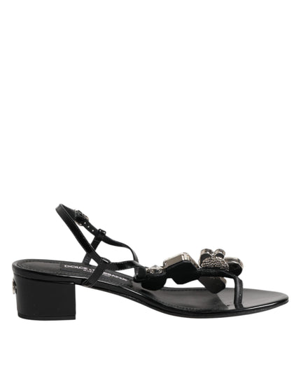 Dolce & Gabbana Black Leather Crystal Ankle Strap Sandals Shoes