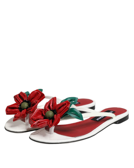 Dolce & Gabbana Red White KEIRA Flower Leather Sandals Shoes