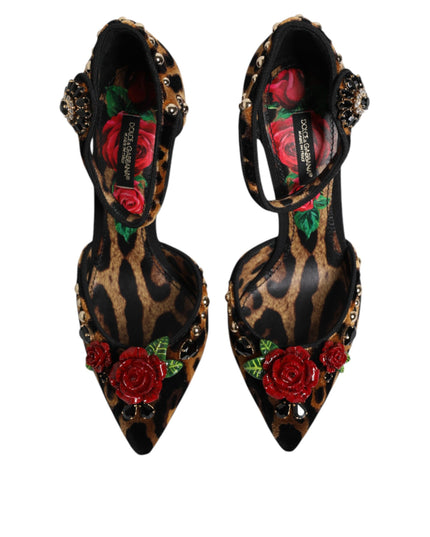 Dolce & Gabbana Brown Leopard Crystal Roses Pumps Shoes