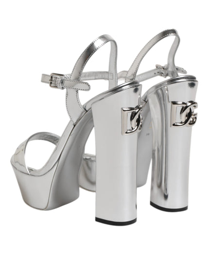 Dolce & Gabbana Silver Leather Platform Keira Sandals Shoes