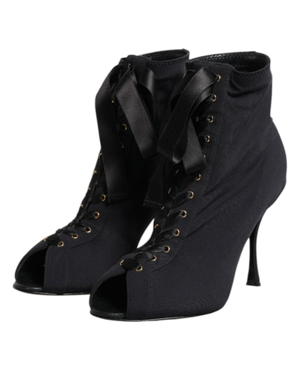 Dolce & Gabbana Black Stiletto Heels Lace Up Boots Shoes