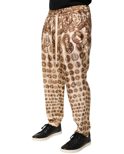 Dolce & Gabbana Beige Coin Print Silk Twill Men Jogger Pants