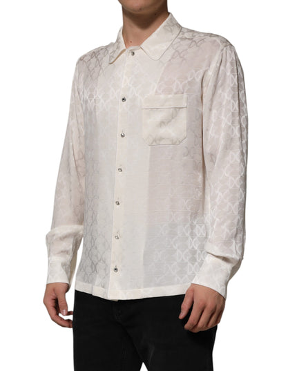 Dolce & Gabbana White Silk DG Logo Print Long Sleeves Shirt