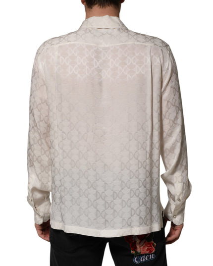 Dolce & Gabbana White Silk DG Logo Print Long Sleeves Shirt