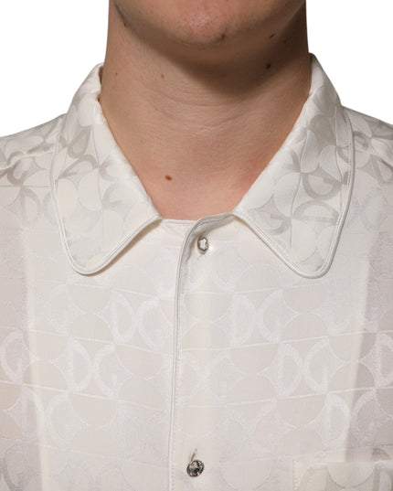 Dolce & Gabbana White Silk DG Logo Print Long Sleeves Shirt
