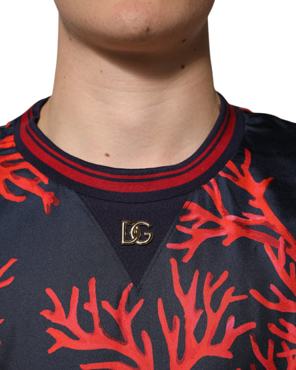 Dolce & Gabbana Navy Red Silk Coral Print Pullover Sweater