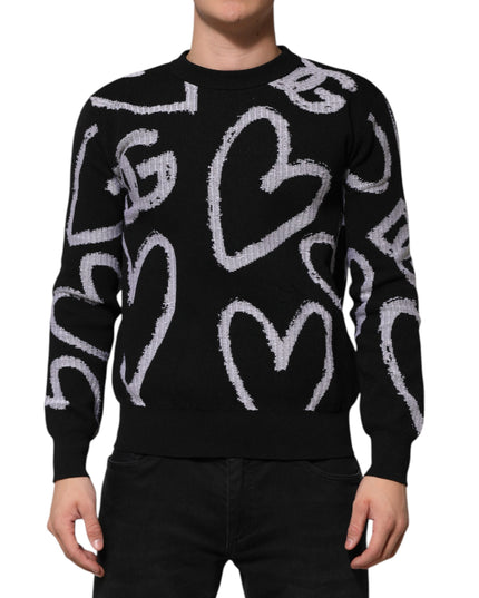 Dolce & Gabbana Black Nylon Wool Heart Print Pullover Sweater