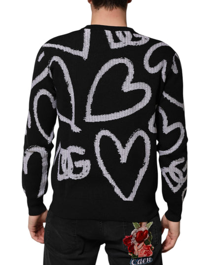Dolce & Gabbana Black Nylon Wool Heart Print Pullover Sweater