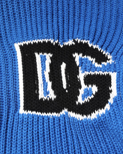 Dolce & Gabbana Blue Cotton Logo Patch Ribbed Knit Cardigan Sweater