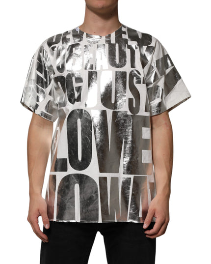 Dolce & Gabbana White Cotton Silver Metallic Slogan Print T-shirt
