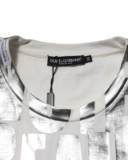 Dolce & Gabbana White Cotton Silver Metallic Slogan Print T-shirt